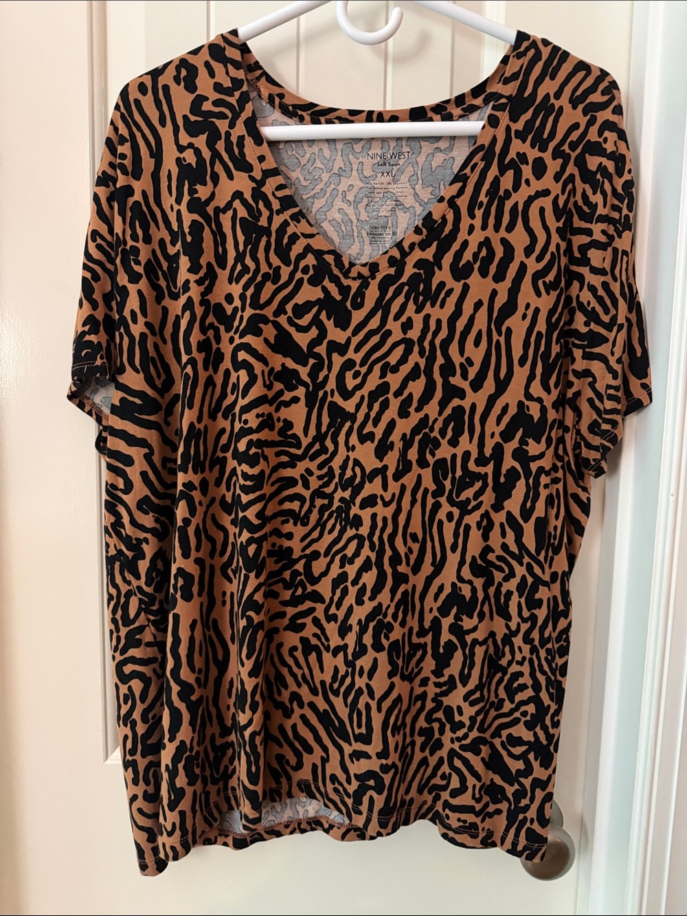 Nine West Brown and Black Animal Print V-Neck Short Sleeve Top